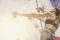 Woman with perfect fit body, beautiful muscular arms, training on a climbing wall in sport hall. Royalty Free Stock Photo