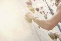 Woman with perfect fit body, beautiful muscular arms, training on a climbing wall in sport hall.