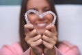 Woman with perfect smile after invisible invisalign aligners treatment Royalty Free Stock Photo