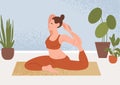 Woman perform flexibility sit in yoga pose vector flat illustration. Sports female practicing morning exercise at home