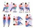 Woman Perform Wrong And Right Body Postures For Reading, Using Smartphone And Carrying Rucksack, Vector Illustration