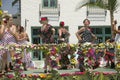 Woman performing Flamenco dancing on parade float during opening day parade down State Street, Santa Barbara, CA, Old Spanish Days Royalty Free Stock Photo