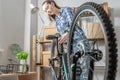 Woman is performing maintenance on his mountain bike. Concept of fixing and preparing the bicycle for the new season