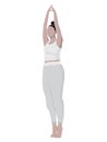 A woman performs a yoga asana on toes with her arms raised up.