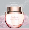 Woman perfume bottle delicate rose fragrance. Realistic Vector Product packaging designs mock up floral backgrounds Royalty Free Stock Photo