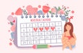 Woman and period calendar. Female check dates of menstruation cycle. Calendar schedule for critical days and hygiene