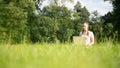 Woman person business nature outside with online technology. Computer outdoor. Student girl working on laptop, tablet in Royalty Free Stock Photo