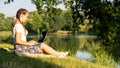 Woman person business nature outside with online technology. Computer outdoor. Student girl working on laptop, tablet in Royalty Free Stock Photo