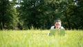 Woman person business nature outside with online technology. Computer outdoor. Student girl working on laptop, tablet in Royalty Free Stock Photo