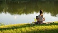 Woman person business nature outside with online technology. Computer outdoor. Student girl working on laptop, tablet in Royalty Free Stock Photo