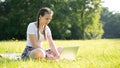 Woman person business nature outside with online technology. Computer outdoor. Student girl working on laptop, tablet in