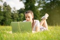 Woman person business nature outside with online technology. Computer outdoor. Student girl working on laptop, tablet in Royalty Free Stock Photo