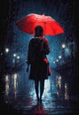 Woman person in red the rain with umbrella