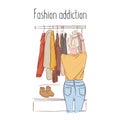 Woman in personal wardrobe hand drawn illustration. Trendy girl holding apparel modern closet illustration. Shoppi