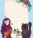 woman with pet cats flowers decoration cartoon, greeting card template