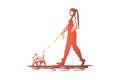 Woman, pet, dog, walk, leash concept. Hand drawn isolated vector.