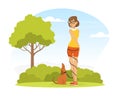 Woman Pet Owner Walking Her Dog on Green Lawn with Leash Twisted Around Her Body Vector Illustration
