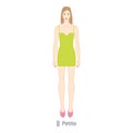 Woman petite body shape character in dress. Female Vector illustration silhouette 9 nine head size lady figure front