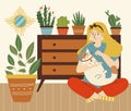 Woman petting her cat in comfy room with green plants, flat vector illustration.