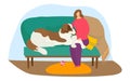 Woman petting large dog on sofa, cozy living room setting. Owner affectionately cuddling beagle at home vector