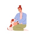 Woman petting and playing with cute dog showing the love, flat vector isolated.