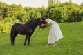 woman petting a pony Royalty Free Stock Photo