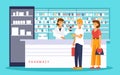 Woman pharmacist at the counter in drugstore. People buys medicines at the pharmacy. Royalty Free Stock Photo