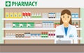 Woman pharmacist at the counter in a pharmacy