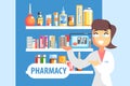 Woman Pharmacist Demonstrating Drug Assortment On The Shelf Of Pharmacy