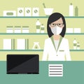 Woman pharmacist protecting from covid 19, corona by wearing masks sells medications in pharmacy interior.  Medical shop, store, Royalty Free Stock Photo