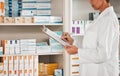 Woman, pharmacist and writing on clipboard for inventory inspection on pills, tablets or medication on shelf at pharmacy Royalty Free Stock Photo