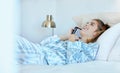 Woman, phone call and bed in the morning, happy and conversation. Female, smartphone and girl in bedroom, talking and Royalty Free Stock Photo