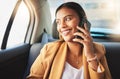 Woman, phone and call on commute in car for business meeting, work or travel. Passenger, person or manager in taxi for Royalty Free Stock Photo