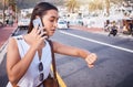 Woman, phone call and street with time, taxi and traffic for travel to work for business. Corporate employee waiting