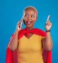 Woman, phone call and superhero for talk by background in studio for idea, happy or customer service. Young african girl Royalty Free Stock Photo