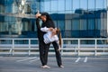 Woman with phone exercise yoga with man Royalty Free Stock Photo