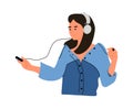 Woman with phone and headphones. Cartoon teenager listening to music using headset. Dancing female holding smartphone