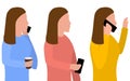 Woman with a phone in her hand, talking on the phone. Set of vector illustrations on the theme of mobile communications