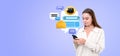 Woman with phone, mock up chat bot speech bubble and communication