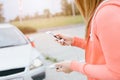 Woman with phone and power bank playing the mobile games Royalty Free Stock Photo