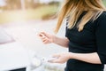 Woman with phone and power bank playing the mobile games Royalty Free Stock Photo