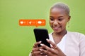 Woman, phone and texting with notification icon, typing or reading with web chat, blog and green background. African