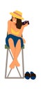 Woman photographer. Cartoon female holding camera. Young character sitting at high chair. Happy barefoot girl taking