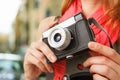 Woman photographer with lomo camera. Royalty Free Stock Photo