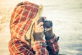 Woman photographer with retro photo camera outdoor Royalty Free Stock Photo