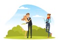 Woman Photographer Shooting Bridal Couple with Professional Camera in the Park Vector Illustration Royalty Free Stock Photo