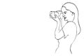 Woman Photographer Take a Picture, using dlsr, tele lens attatched, simple vector manual hand draw sketch, isolated on white