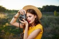 Woman photographer yellow t-shirt snapshot nature fresh air