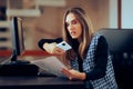 Woman Photographing Secret Documents at Work Corporate Espionage Style Royalty Free Stock Photo