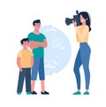 A woman photographs children on a camera with a flash, brothers pose for a photo. Cartoon characters. The mother takes